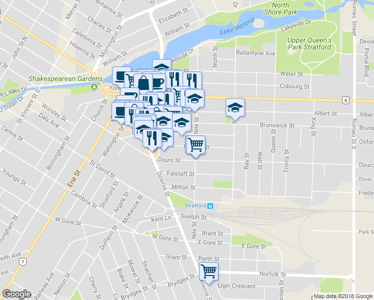 map of restaurants, bars, coffee shops, grocery stores, and more near 59 Grange Street in Stratford