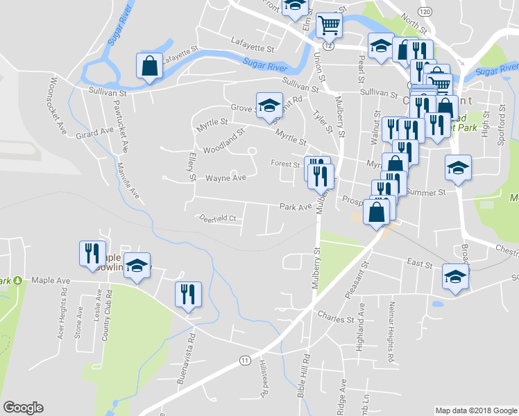 map of restaurants, bars, coffee shops, grocery stores, and more near 12 Park Avenue in Claremont
