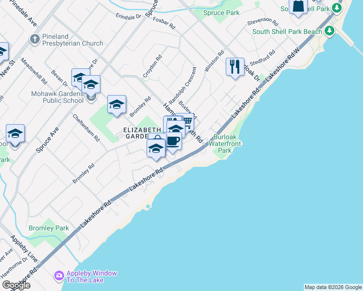 map of restaurants, bars, coffee shops, grocery stores, and more near 5381 Lakeshore Road in Burlington