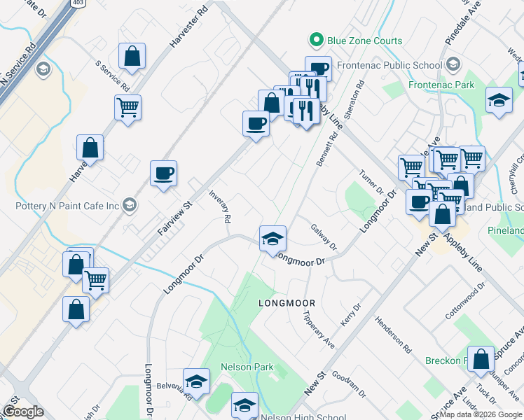map of restaurants, bars, coffee shops, grocery stores, and more near 522 Taylor Crescent in Burlington