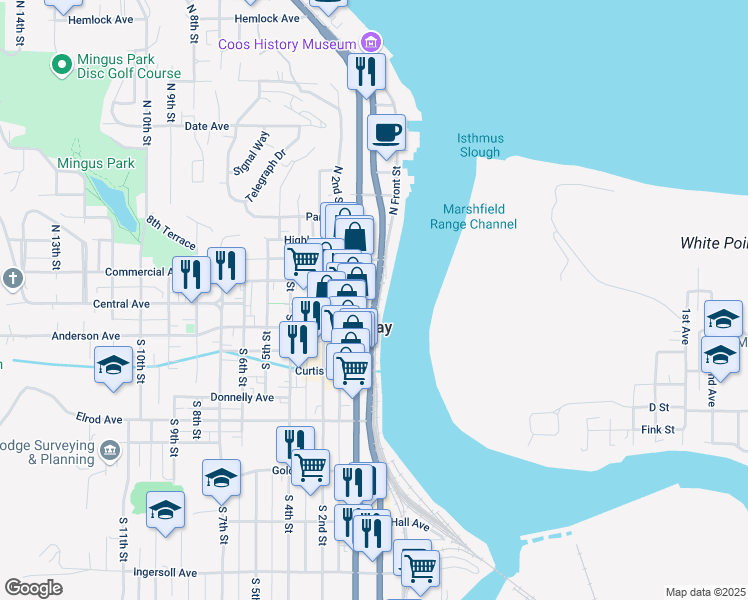 map of restaurants, bars, coffee shops, grocery stores, and more near 6 Central Avenue in Coos Bay