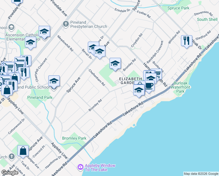map of restaurants, bars, coffee shops, grocery stores, and more near 203 Cheltenham Road in Burlington