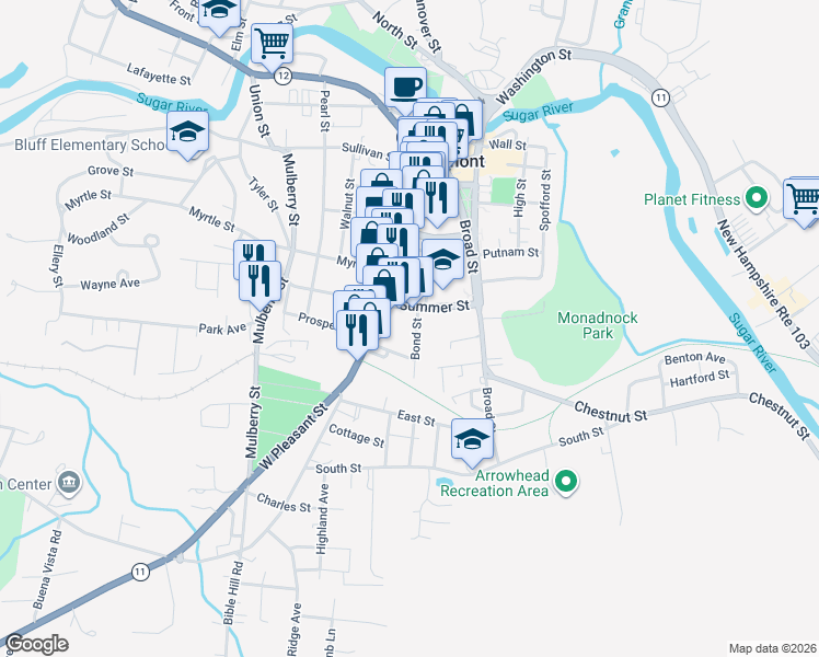 map of restaurants, bars, coffee shops, grocery stores, and more near 9 Bond Street in Claremont