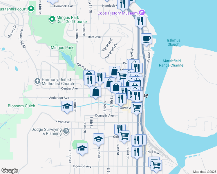 map of restaurants, bars, coffee shops, grocery stores, and more near 500 Central Avenue in Coos Bay