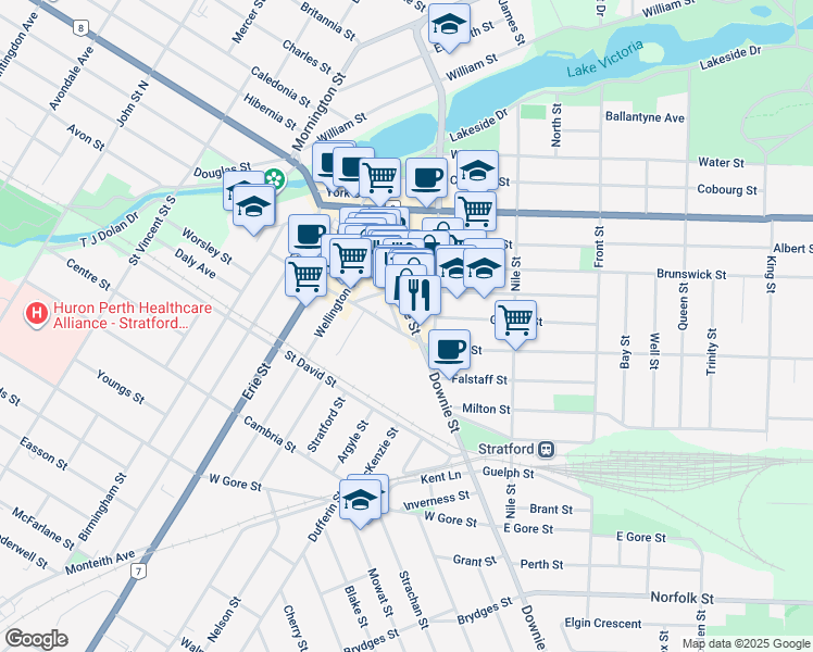 map of restaurants, bars, coffee shops, grocery stores, and more near in Stratford