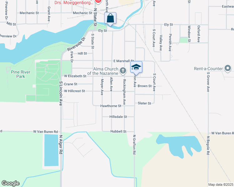 map of restaurants, bars, coffee shops, grocery stores, and more near 324 East Hillcrest Street in Alma