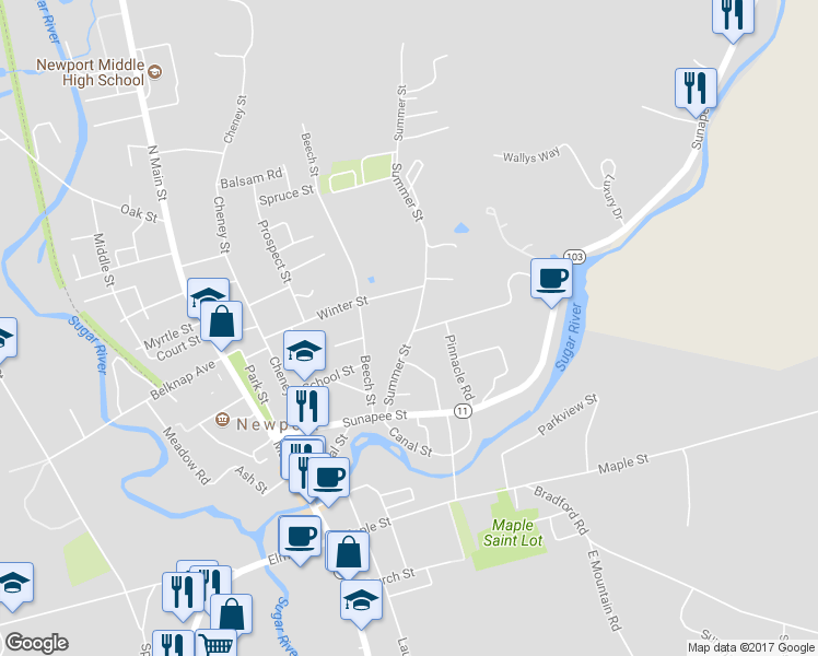 map of restaurants, bars, coffee shops, grocery stores, and more near 60 Summer Street in Newport