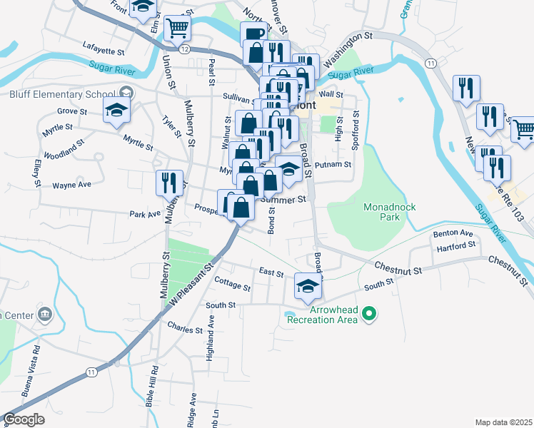 map of restaurants, bars, coffee shops, grocery stores, and more near 9 Bond Street in Claremont