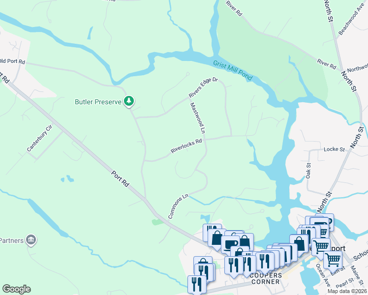 map of restaurants, bars, coffee shops, grocery stores, and more near 21 Riverlocks Road in Kennebunk