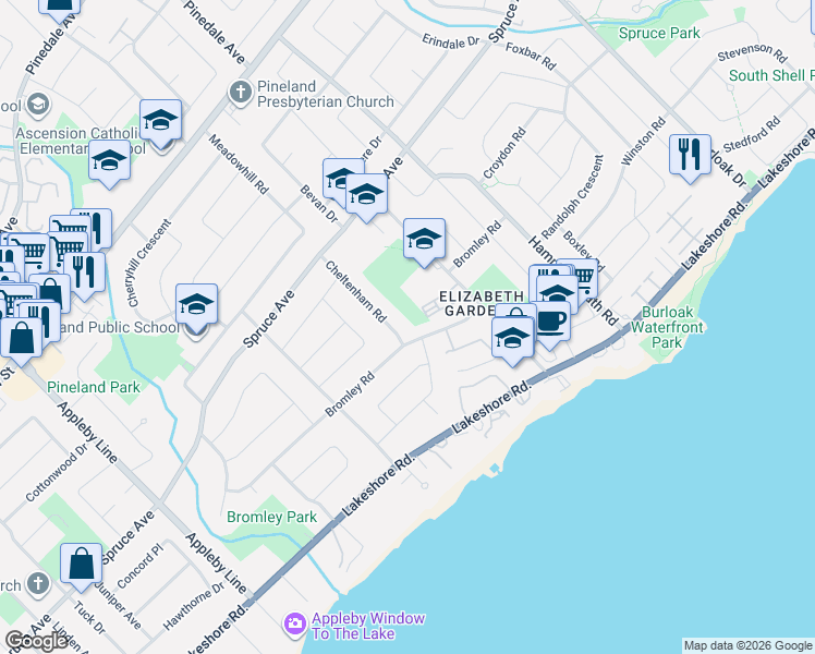 map of restaurants, bars, coffee shops, grocery stores, and more near 203 Cheltenham Road in Burlington