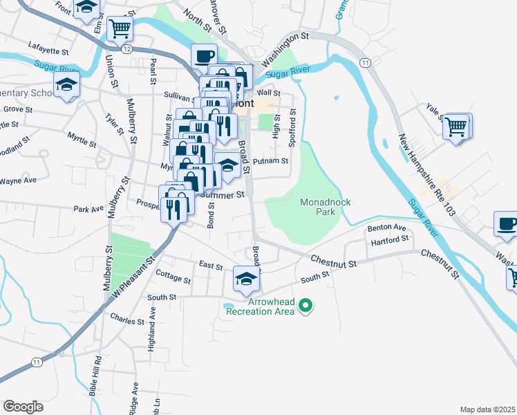 map of restaurants, bars, coffee shops, grocery stores, and more near 200 Broad Street in Claremont