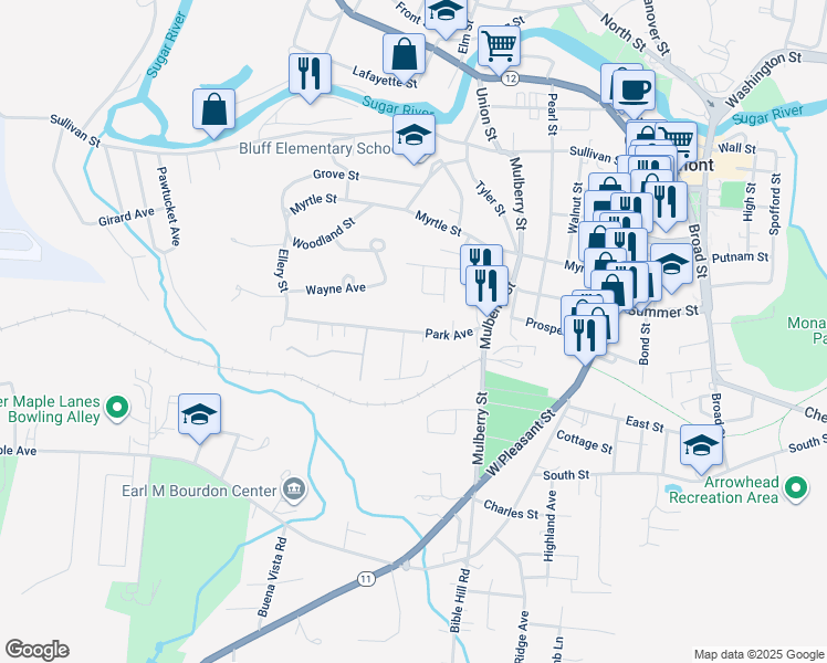 map of restaurants, bars, coffee shops, grocery stores, and more near 26 Park Avenue in Claremont