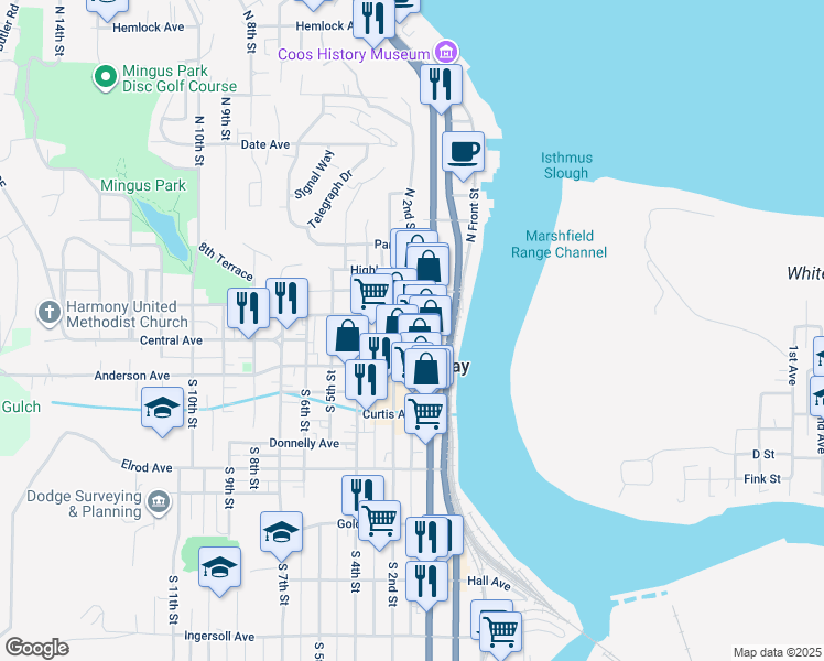 map of restaurants, bars, coffee shops, grocery stores, and more near 130 Central Avenue in Coos Bay