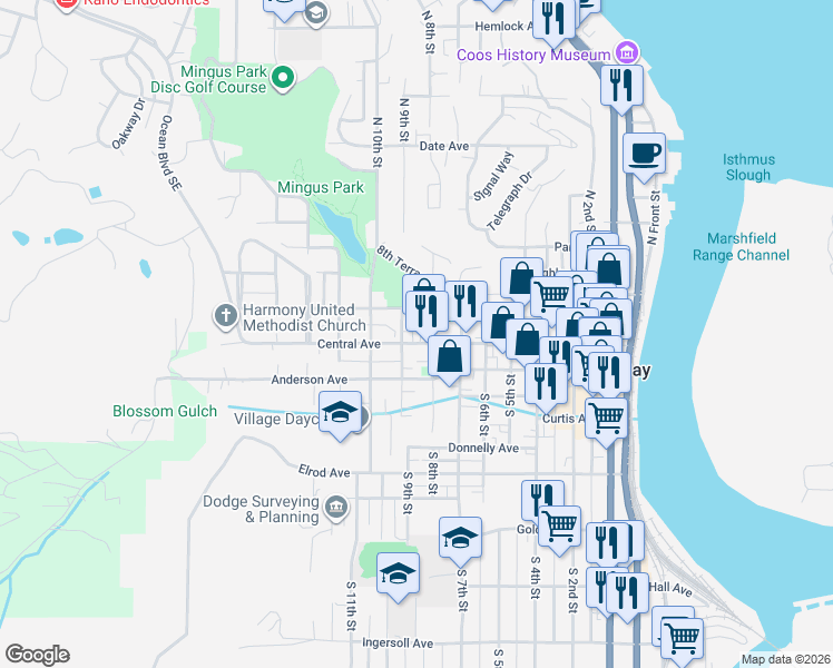 map of restaurants, bars, coffee shops, grocery stores, and more near 890 Central Avenue in Coos Bay