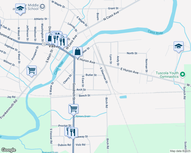 map of restaurants, bars, coffee shops, grocery stores, and more near 510 Butler Street in Vassar