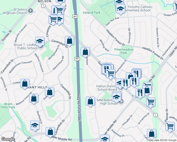 map of restaurants, bars, coffee shops, grocery stores, and more near 2231 Sandringham Drive in Burlington