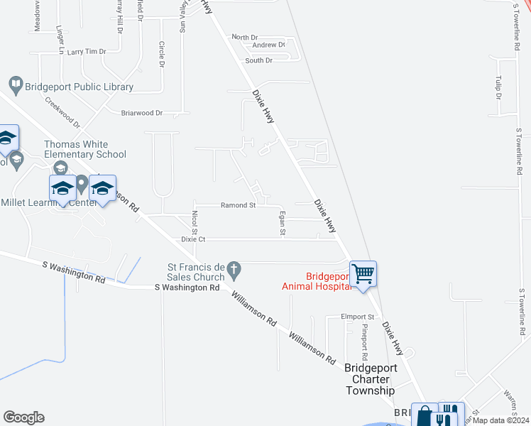 map of restaurants, bars, coffee shops, grocery stores, and more near 3234 Ramond Street in Saginaw