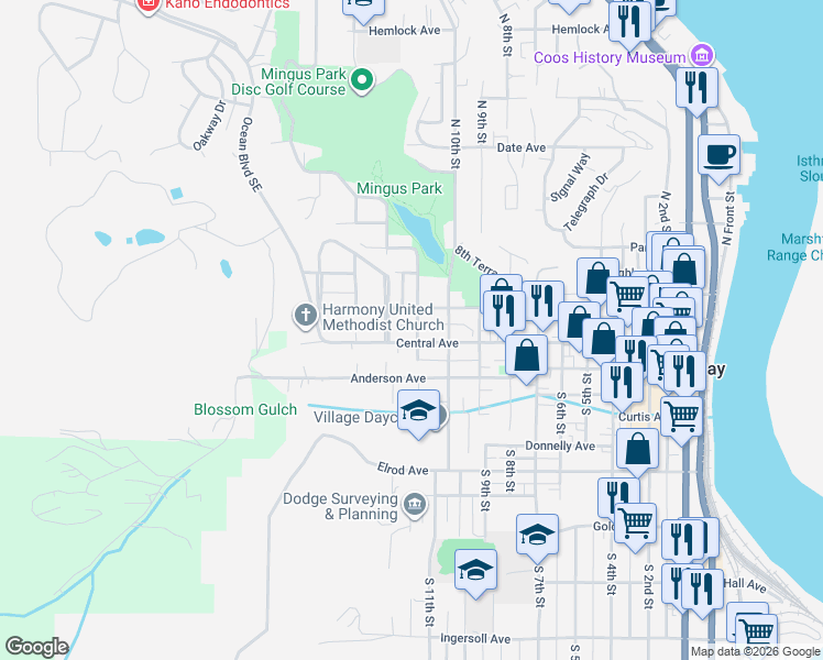 map of restaurants, bars, coffee shops, grocery stores, and more near 125 North 11th Street in Coos Bay