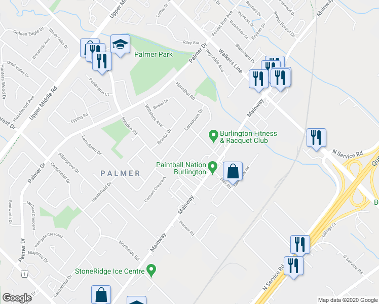 map of restaurants, bars, coffee shops, grocery stores, and more near 3344 Hannibal Road in Burlington