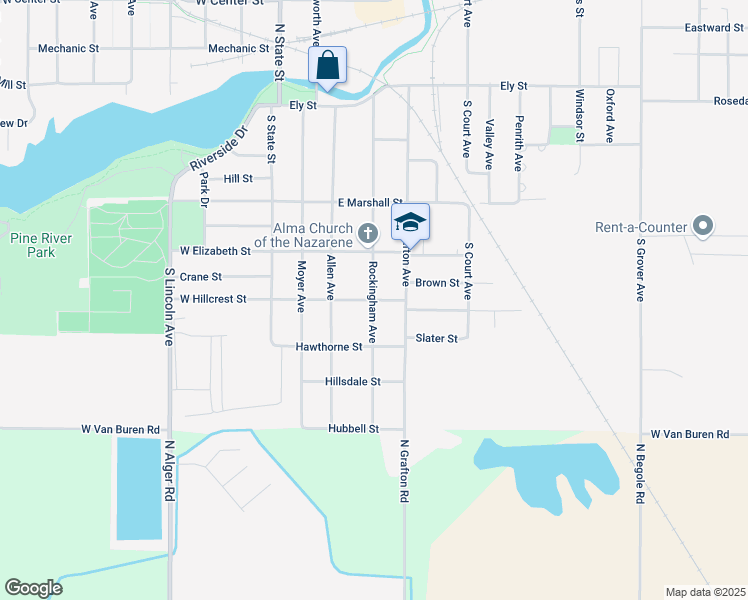 map of restaurants, bars, coffee shops, grocery stores, and more near East Hillcrest Street in Alma