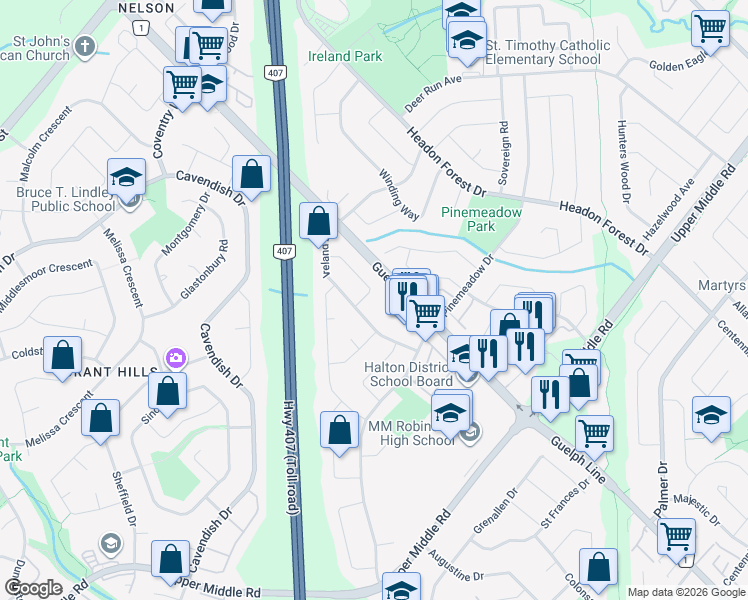 map of restaurants, bars, coffee shops, grocery stores, and more near 2168 Guelph Line in Burlington