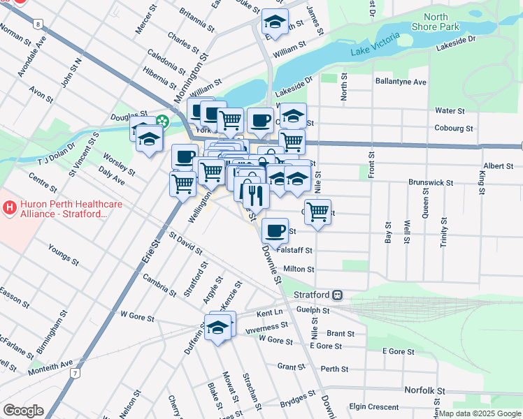 map of restaurants, bars, coffee shops, grocery stores, and more near 156 Waterloo Street South in Stratford