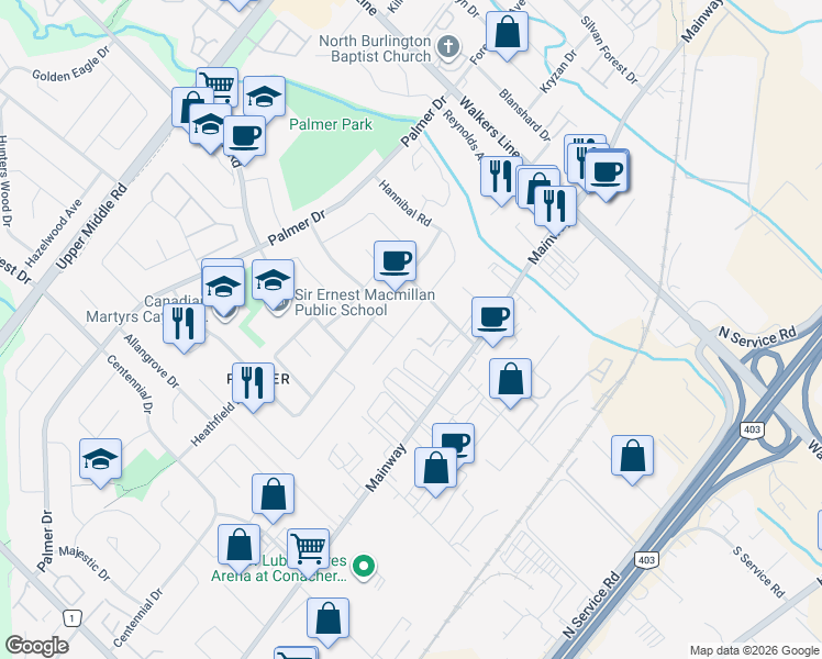 map of restaurants, bars, coffee shops, grocery stores, and more near 3344 Hannibal Road in Burlington
