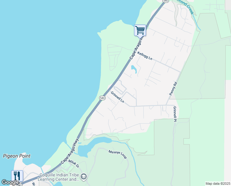 map of restaurants, bars, coffee shops, grocery stores, and more near 10310 Grinnell Lane in Coos Bay