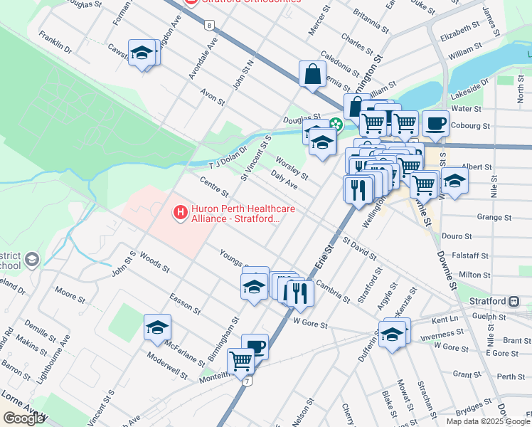 map of restaurants, bars, coffee shops, grocery stores, and more near 26 Centre Street in Stratford
