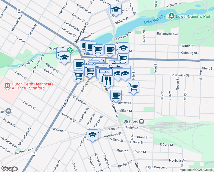 map of restaurants, bars, coffee shops, grocery stores, and more near in Stratford