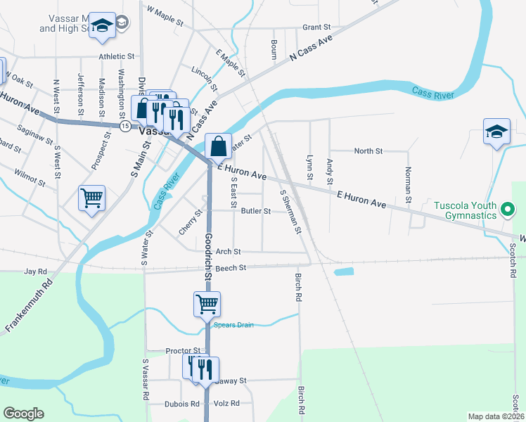 map of restaurants, bars, coffee shops, grocery stores, and more near South Sheridan Street in Vassar