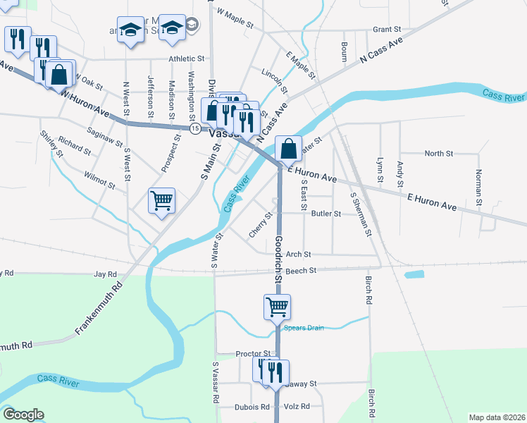 map of restaurants, bars, coffee shops, grocery stores, and more near 222 Plumb Street in Vassar