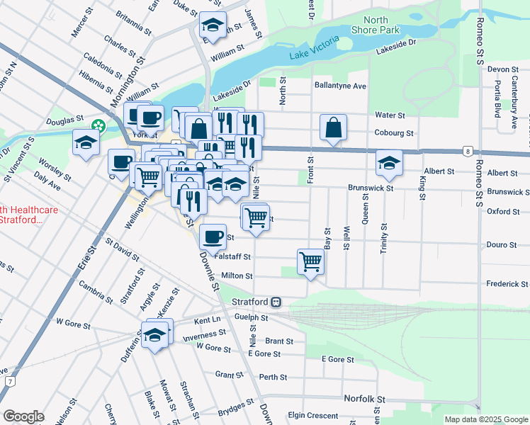 map of restaurants, bars, coffee shops, grocery stores, and more near 90 Grange Street in Stratford