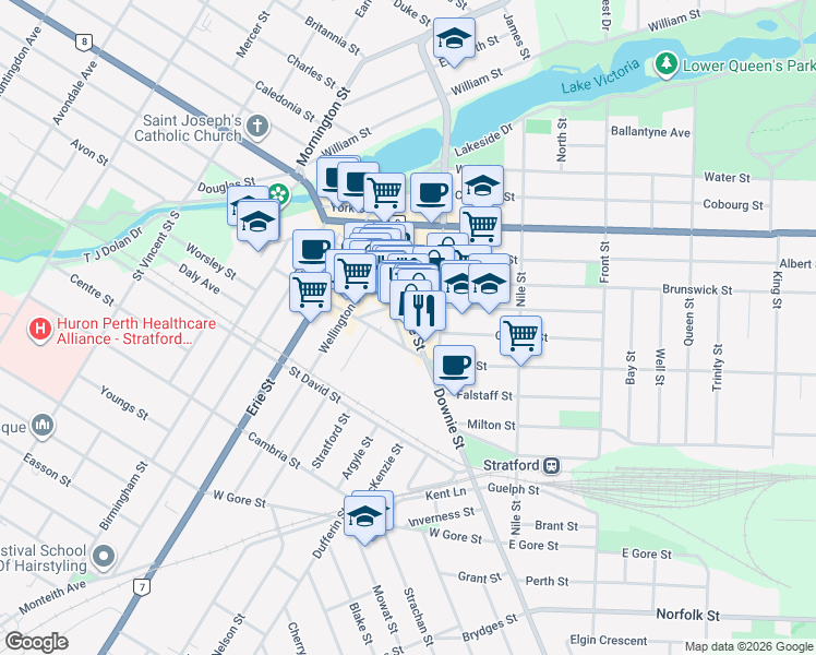 map of restaurants, bars, coffee shops, grocery stores, and more near 130 Downie Street in Stratford