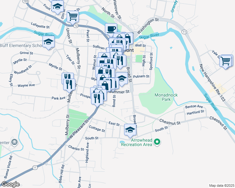 map of restaurants, bars, coffee shops, grocery stores, and more near 9 Bond Street in Claremont