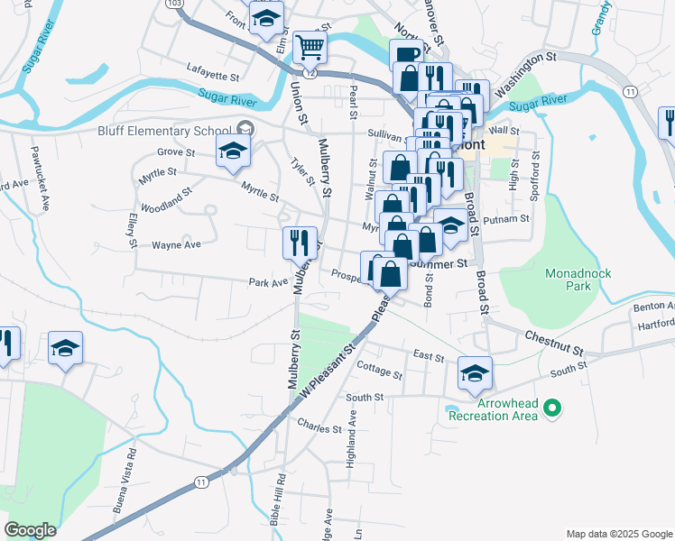 map of restaurants, bars, coffee shops, grocery stores, and more near 46 Prospect Street in Claremont