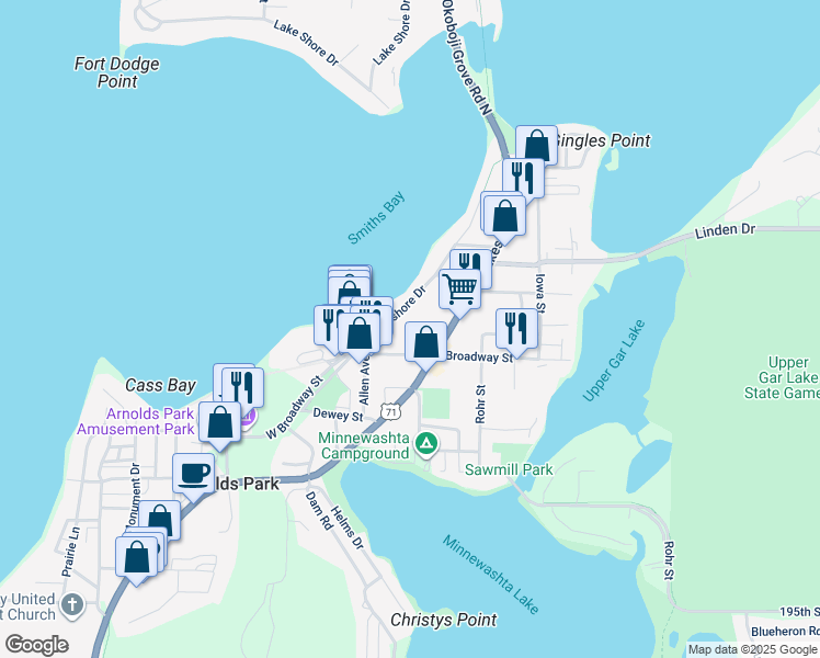 map of restaurants, bars, coffee shops, grocery stores, and more near 10 Broadway Street in Arnolds Park