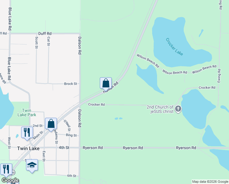 map of restaurants, bars, coffee shops, grocery stores, and more near 3520 Crocker Road in Twin Lake