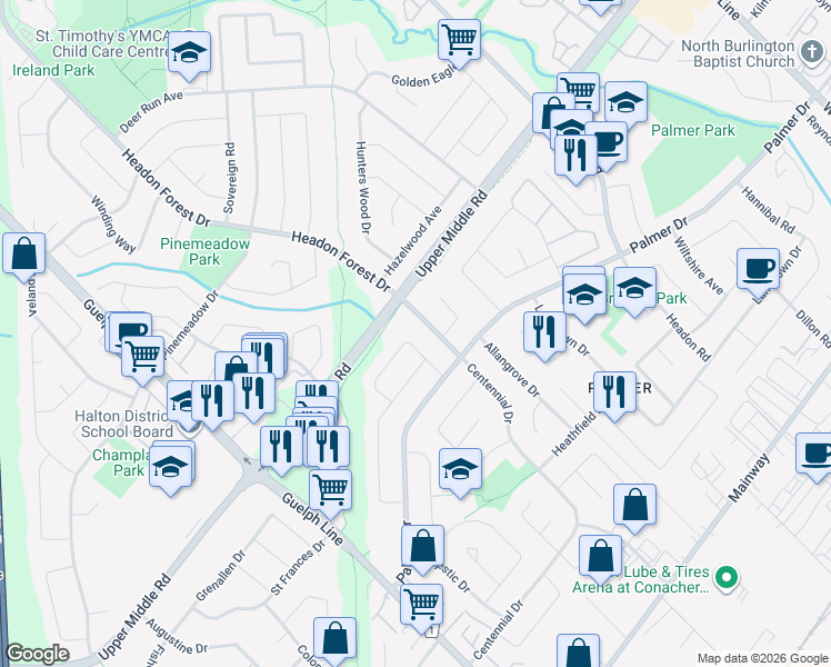 map of restaurants, bars, coffee shops, grocery stores, and more near 1508 Rusholme Crescent in Burlington