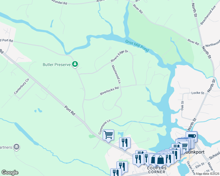 map of restaurants, bars, coffee shops, grocery stores, and more near 21 Riverlocks Road in Kennebunk