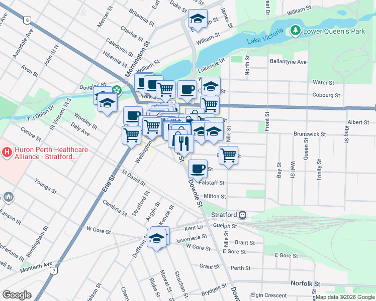 map of restaurants, bars, coffee shops, grocery stores, and more near in Stratford