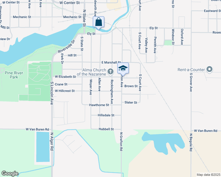 map of restaurants, bars, coffee shops, grocery stores, and more near 324 East Hillcrest Street in Alma