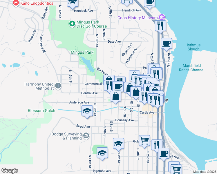 map of restaurants, bars, coffee shops, grocery stores, and more near 890 Central Avenue in Coos Bay