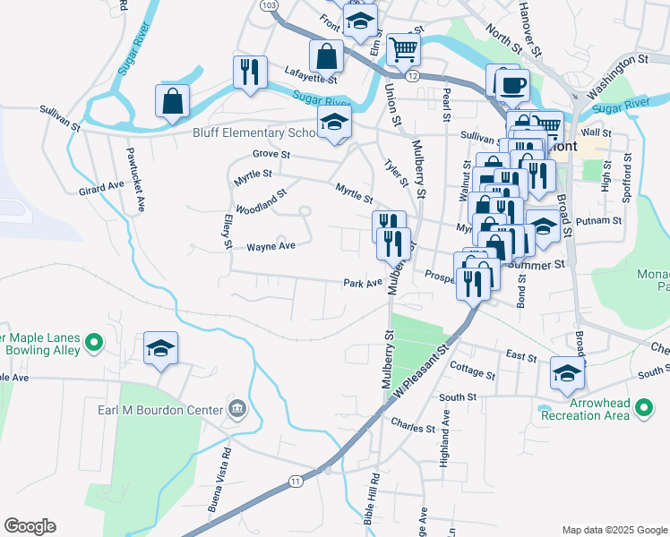 map of restaurants, bars, coffee shops, grocery stores, and more near 26 Park Avenue in Claremont