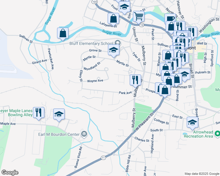 map of restaurants, bars, coffee shops, grocery stores, and more near 40 Park Avenue in Claremont