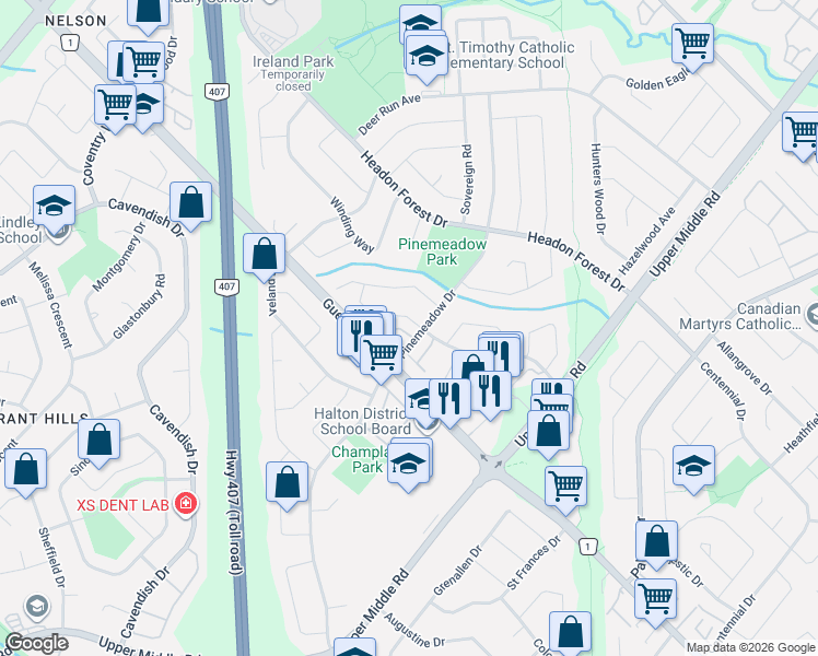 map of restaurants, bars, coffee shops, grocery stores, and more near 3125 Pinemeadow Drive in Burlington