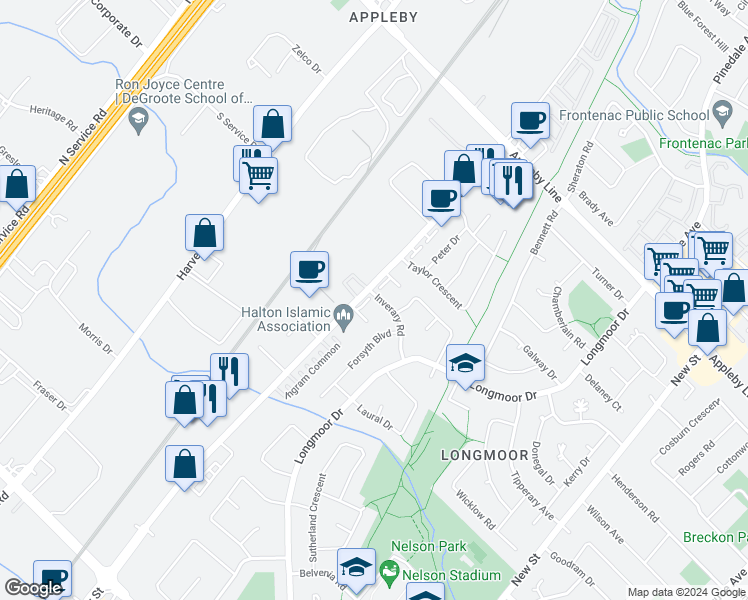 map of restaurants, bars, coffee shops, grocery stores, and more near 4332 Fairview Street in Burlington