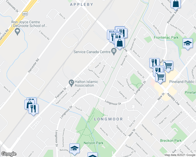 map of restaurants, bars, coffee shops, grocery stores, and more near 558 Taylor Crescent in Burlington