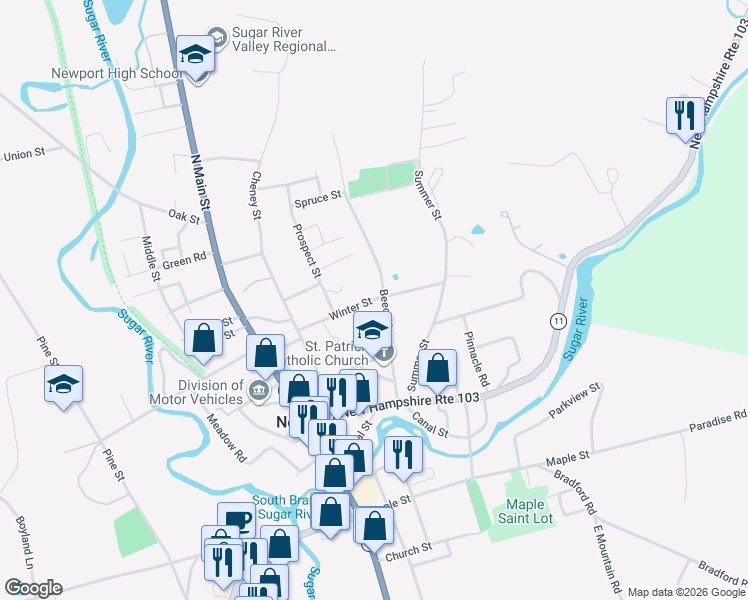 map of restaurants, bars, coffee shops, grocery stores, and more near 41 Winter Street in Newport