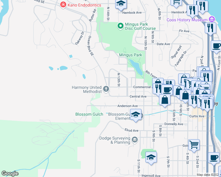 map of restaurants, bars, coffee shops, grocery stores, and more near 190 North 14th Street in Coos Bay